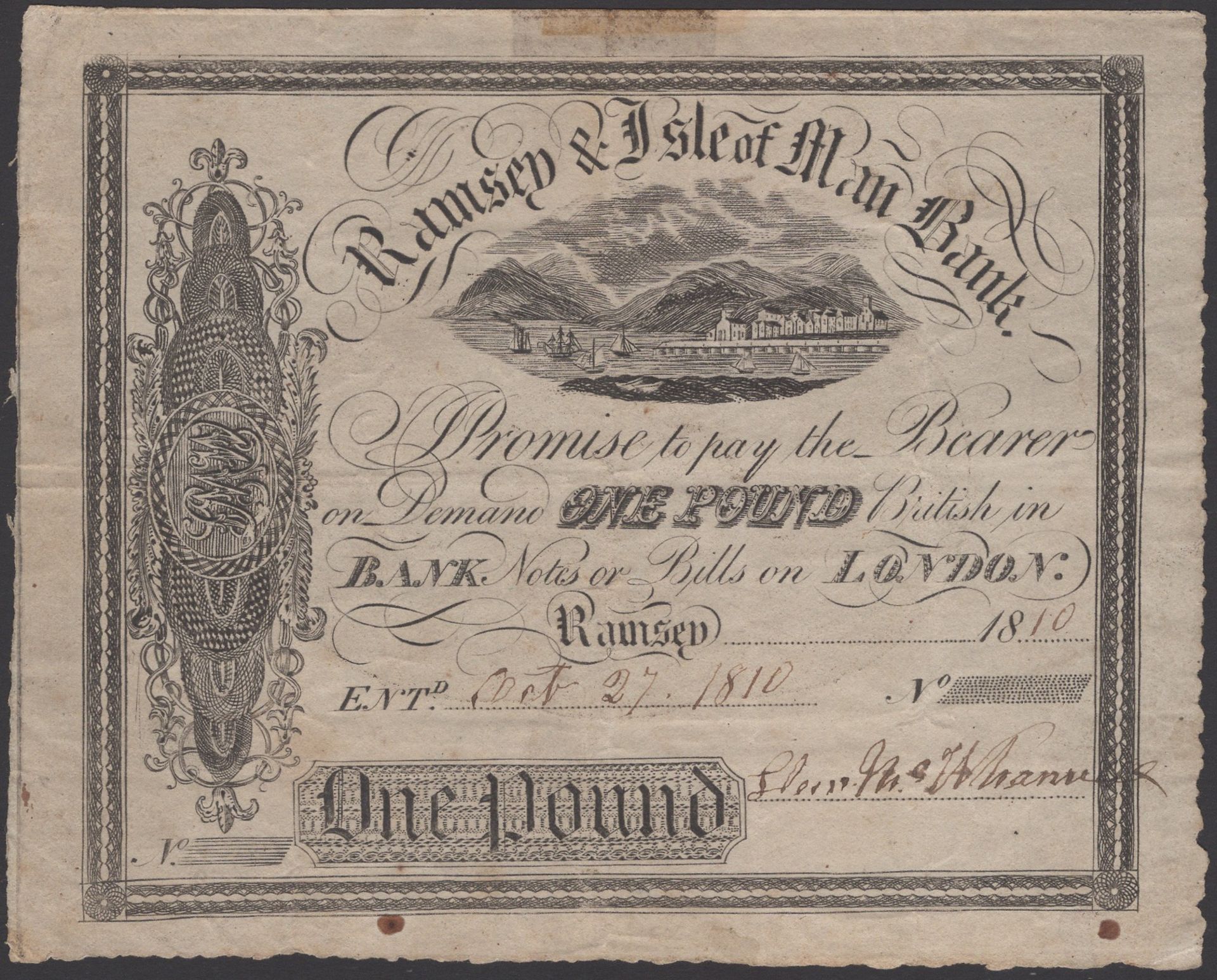 Ramsey & Isle of Man Bank, spuriously issued Â£1, 27 October 1810, serial numbers not filled...