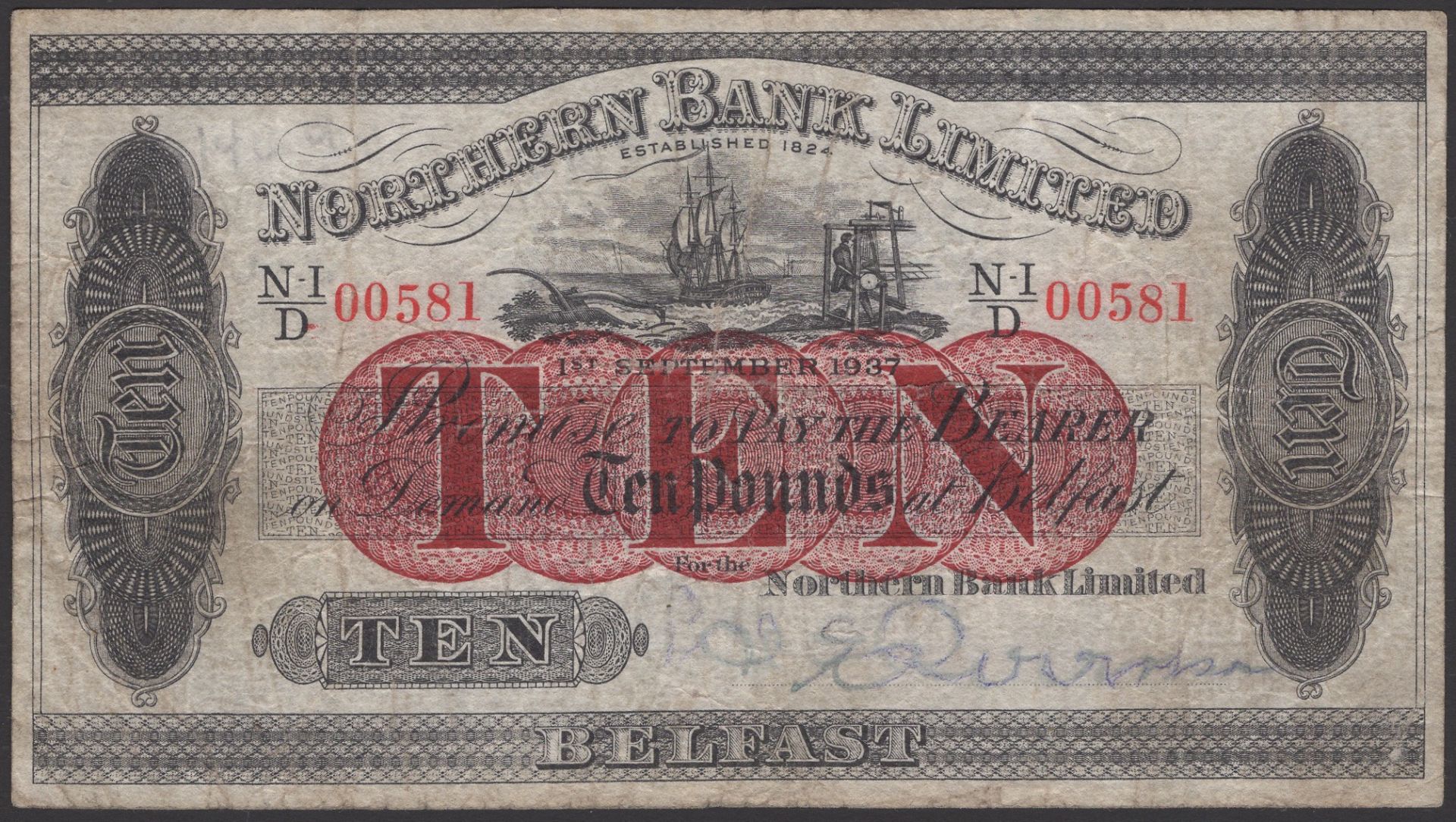 Northern Bank Limited, Â£10, 1 September 1937, serial number N-I/D 00581, Robinson signature,...