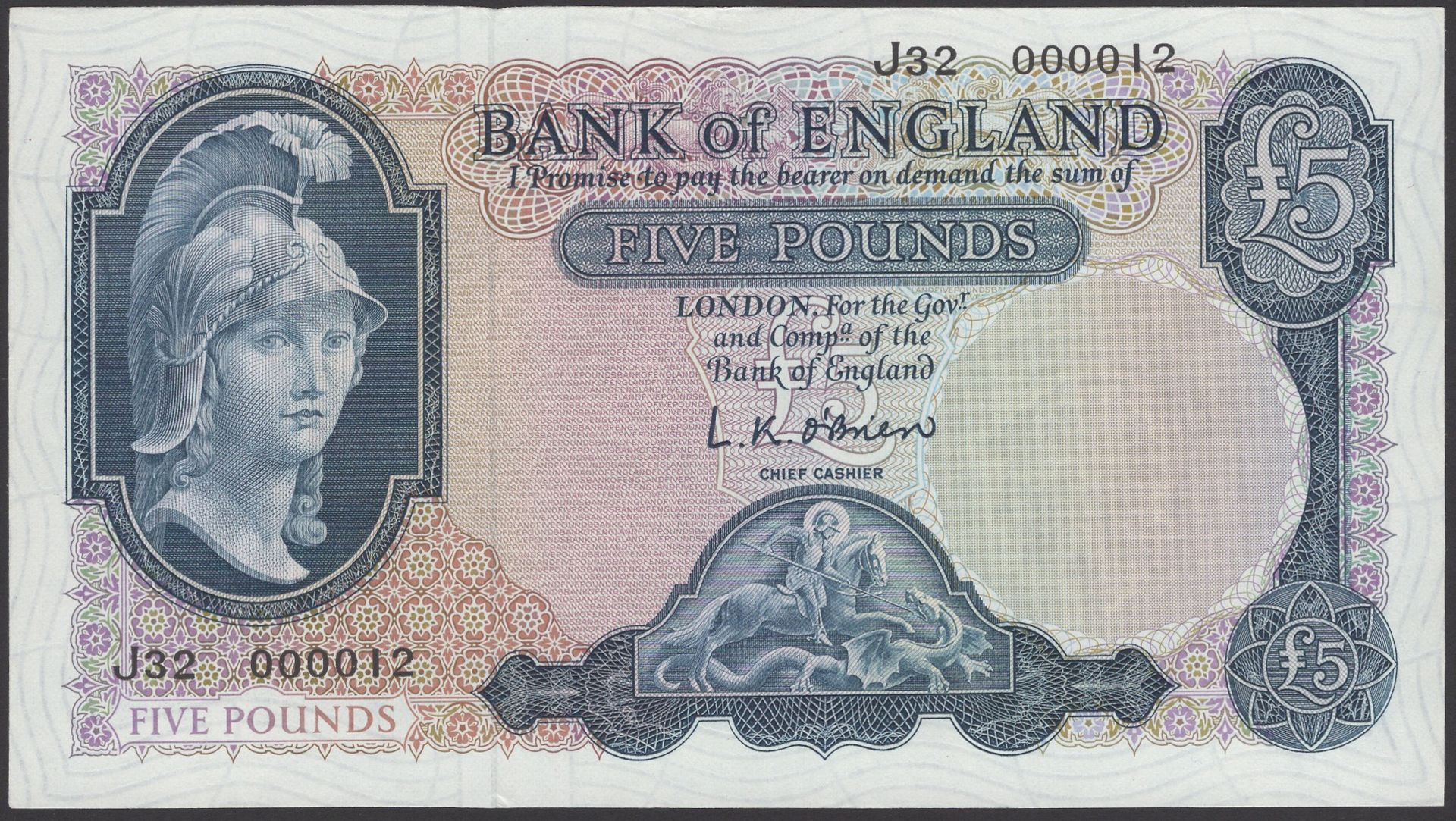 Bank of England, Leslie K. O'Brien, Â£5, 12 July 1961, serial number J/32 000012, uncirculate...