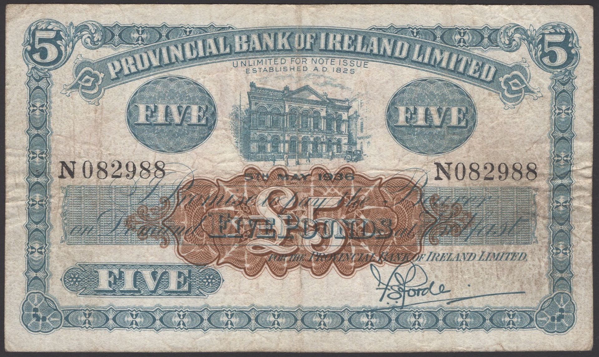 Provincial Bank of Ireland Ltd, Â£5, 5 May 1936, serial number N082988, Forde signature, orig...