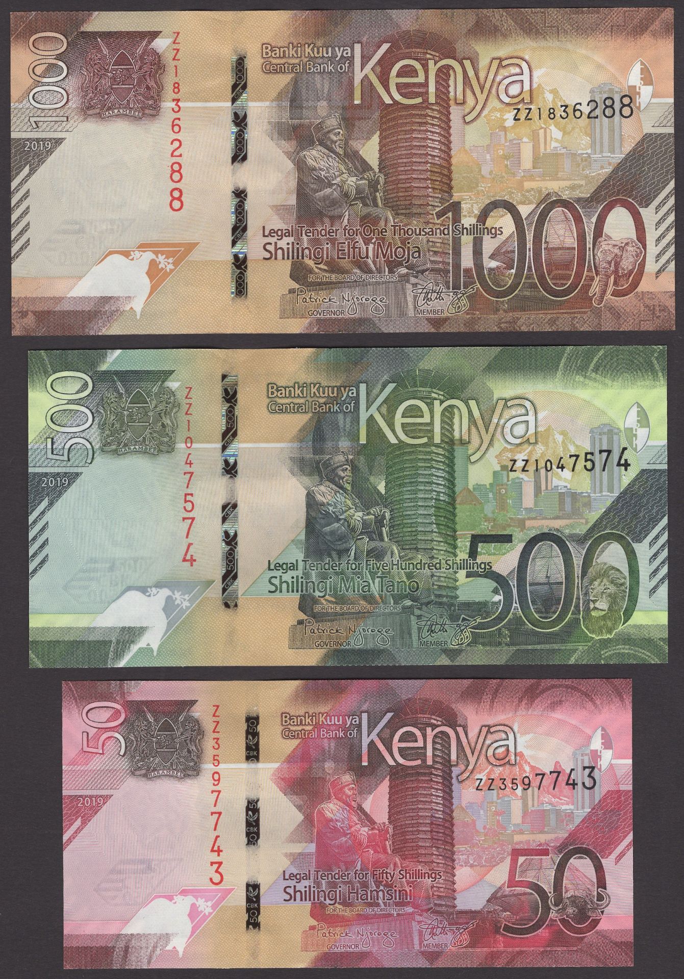 Central Bank of Kenya, replacement 50, 500 and 1000 shillings, 2019, all prefix ZZ, uncircul...