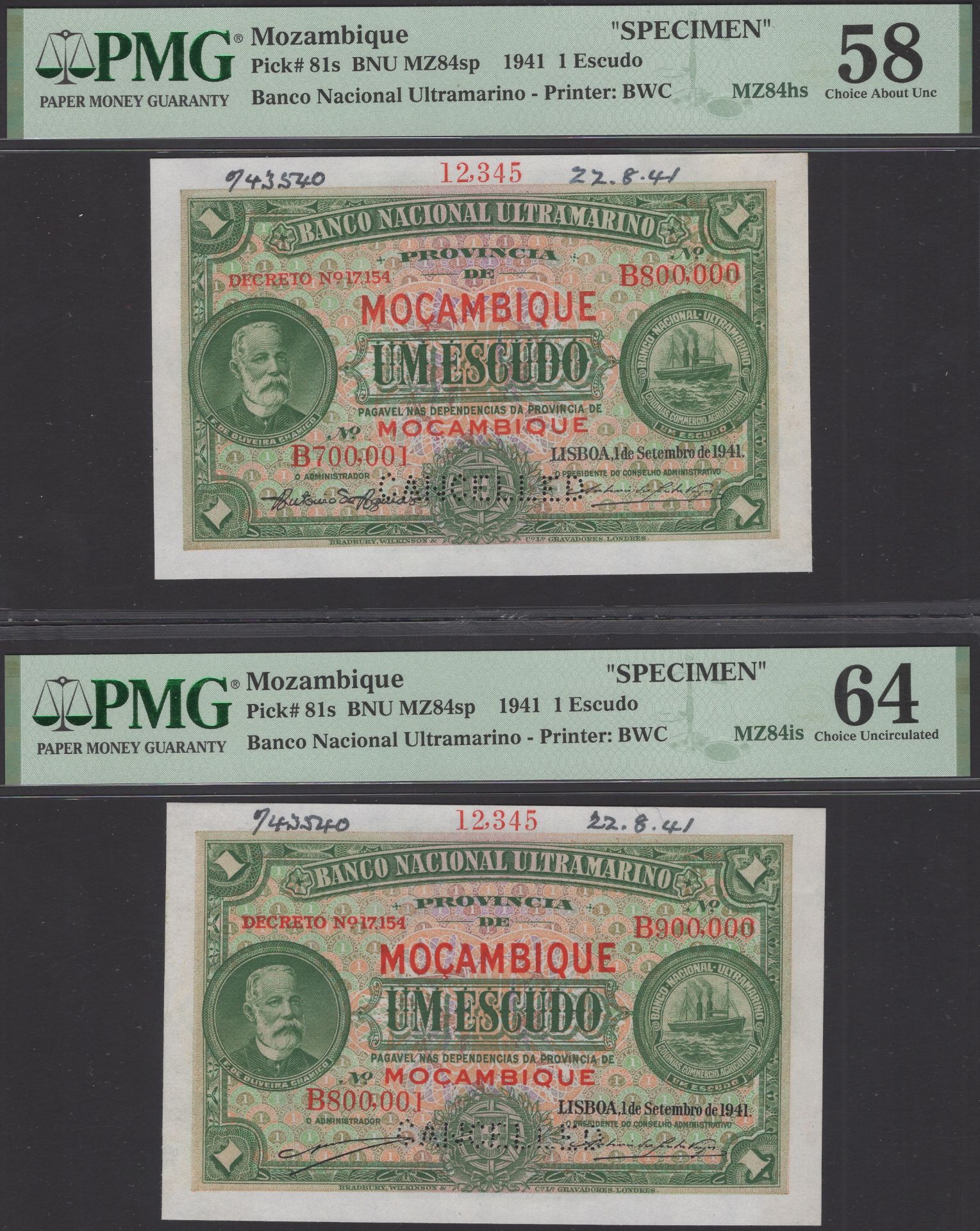 Banco Nacional Ultramarino, Mozambique, printers archival specimens for 1 Escudo (5), 1 Sept... - Image 2 of 3