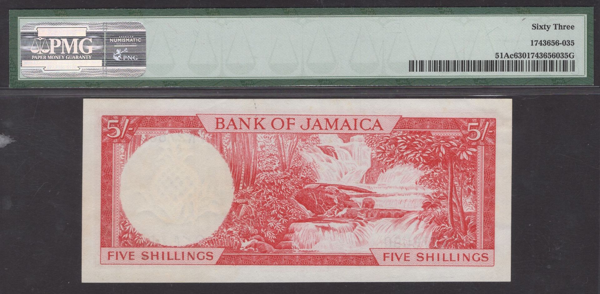 Bank of Jamaica, 5 Shillings, 1960, serial number FK 276090, Hall signature, in PMG holder 6... - Image 2 of 2