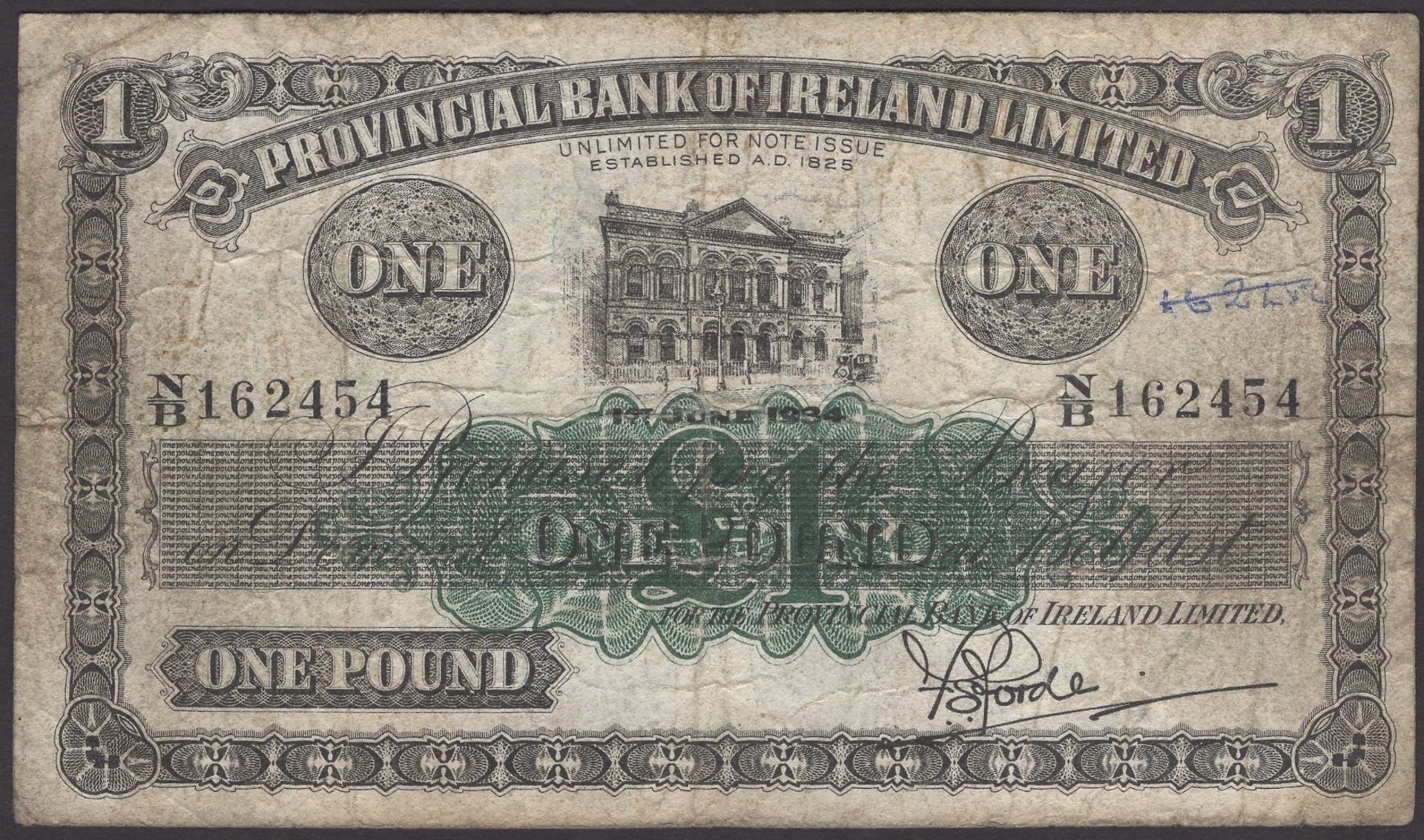 Provincial Bank of Ireland Ltd, Â£1, 1 June 1934, serial number N/B 162454, Forde signature,...