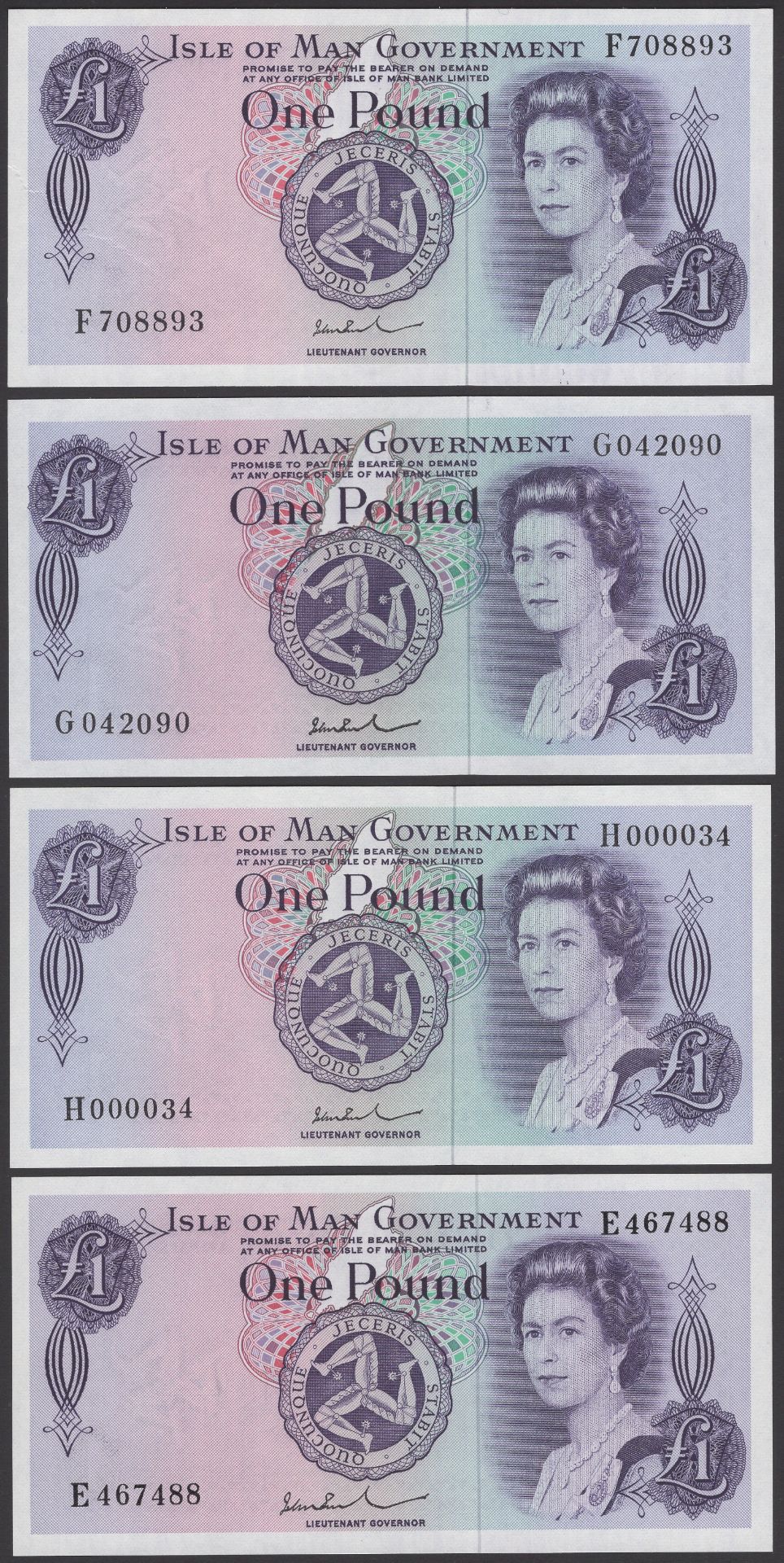 Isle of Man Government, John W. Paul, Â£1, ND (1974), serial number E467488, also Â£1 (3), ND...