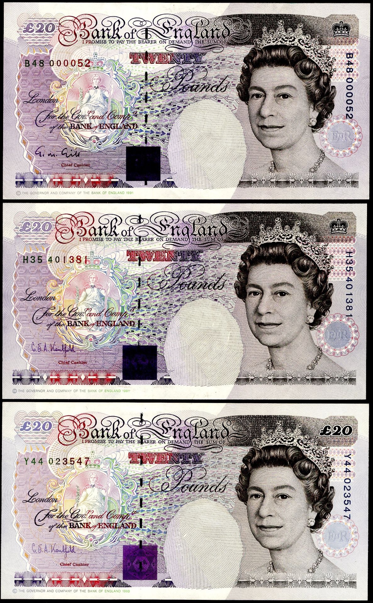 Bank of England, George M. Gill, Â£20, 5 June 1991, serial number B48 000052, G.Kentfield, Â£2...