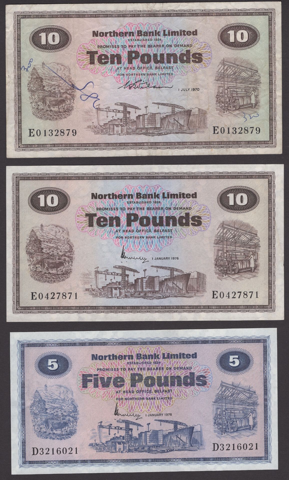 Northern Bank Limited, Â£10, 1 July 1970, serial number E0132879, Wilson signature, Â£5, 1976,... - Bild 3 aus 4