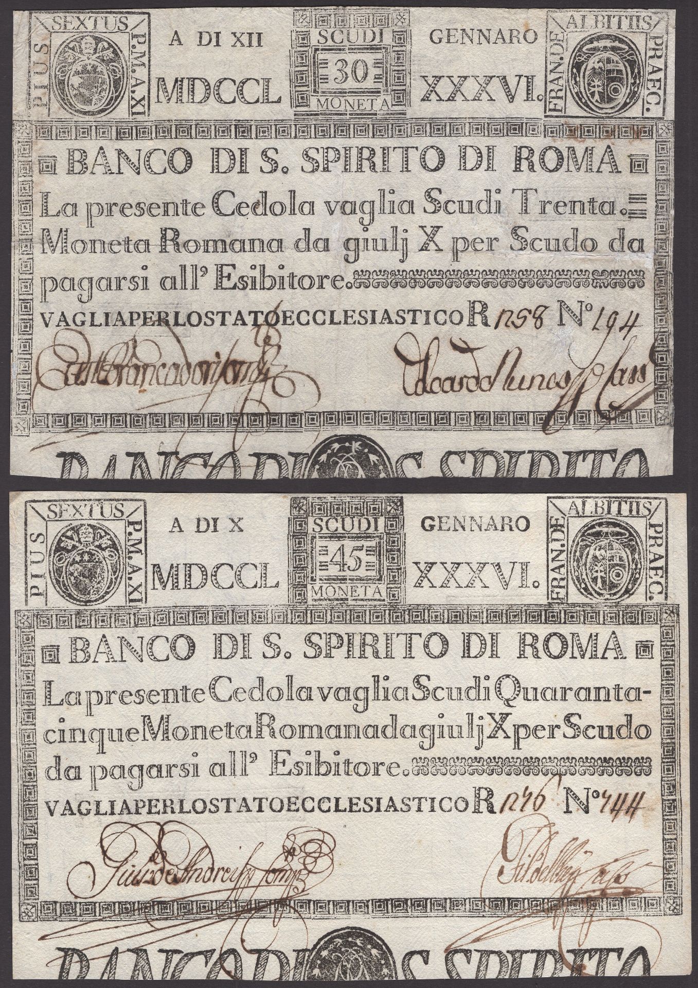 Banco di Spirito di Roma, Italy, 30 Scudi and 45 Scudi, January 1786, serial numbers 194 and...