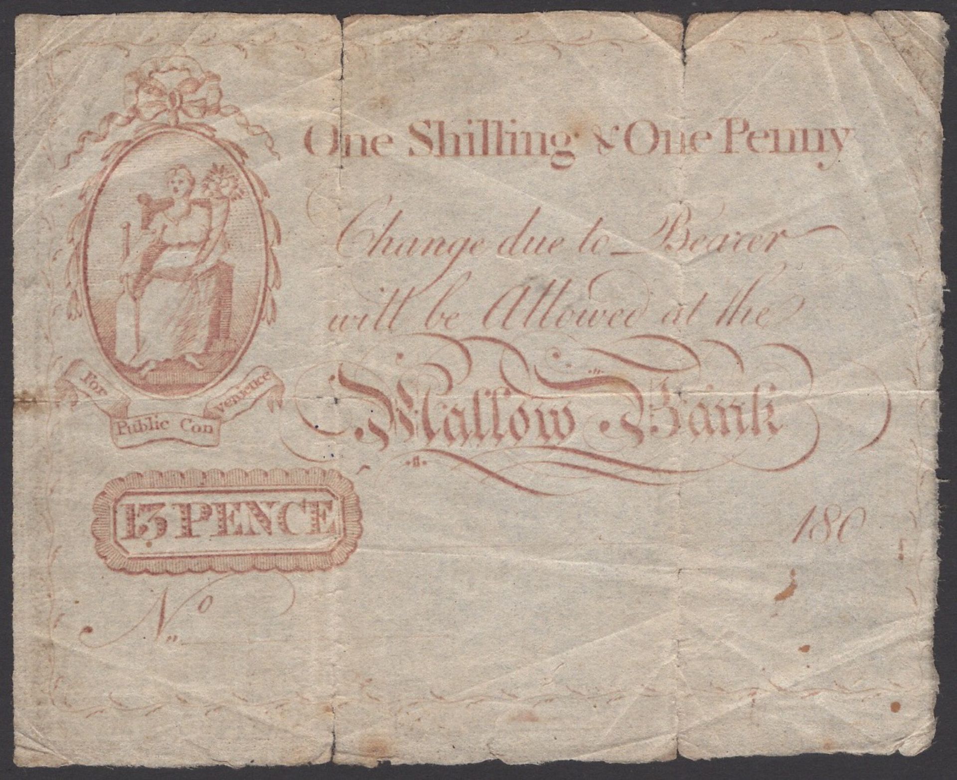 Mallow Bank, De la Cour, Galwey, unissued 1 Shilling and 1 penny (13 pence), 180-, serial nu...