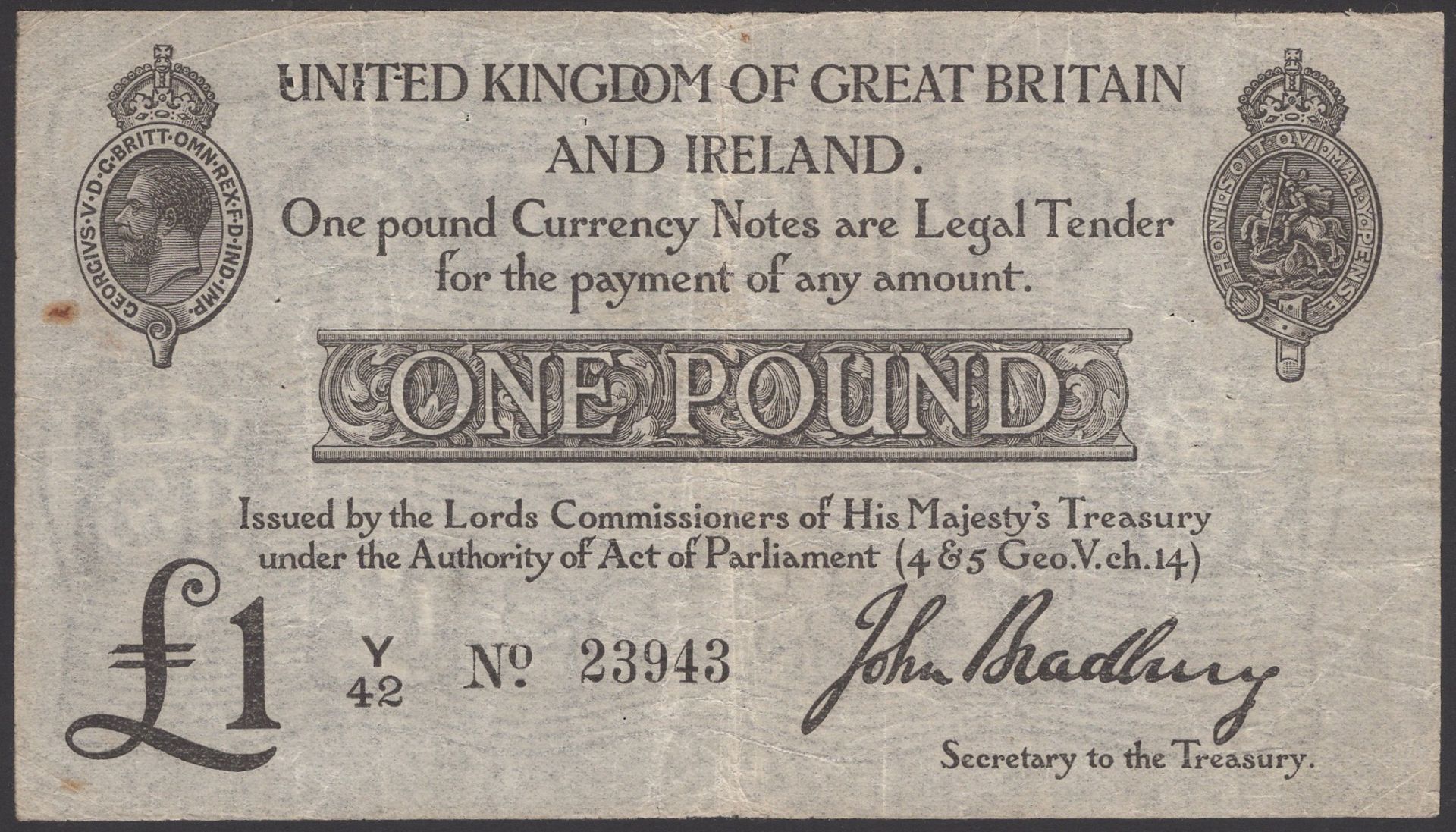 Treasury Series, John Bradbury, Â£1, 23 October 1914, serial number Y/42 23943, pinholes, sma...