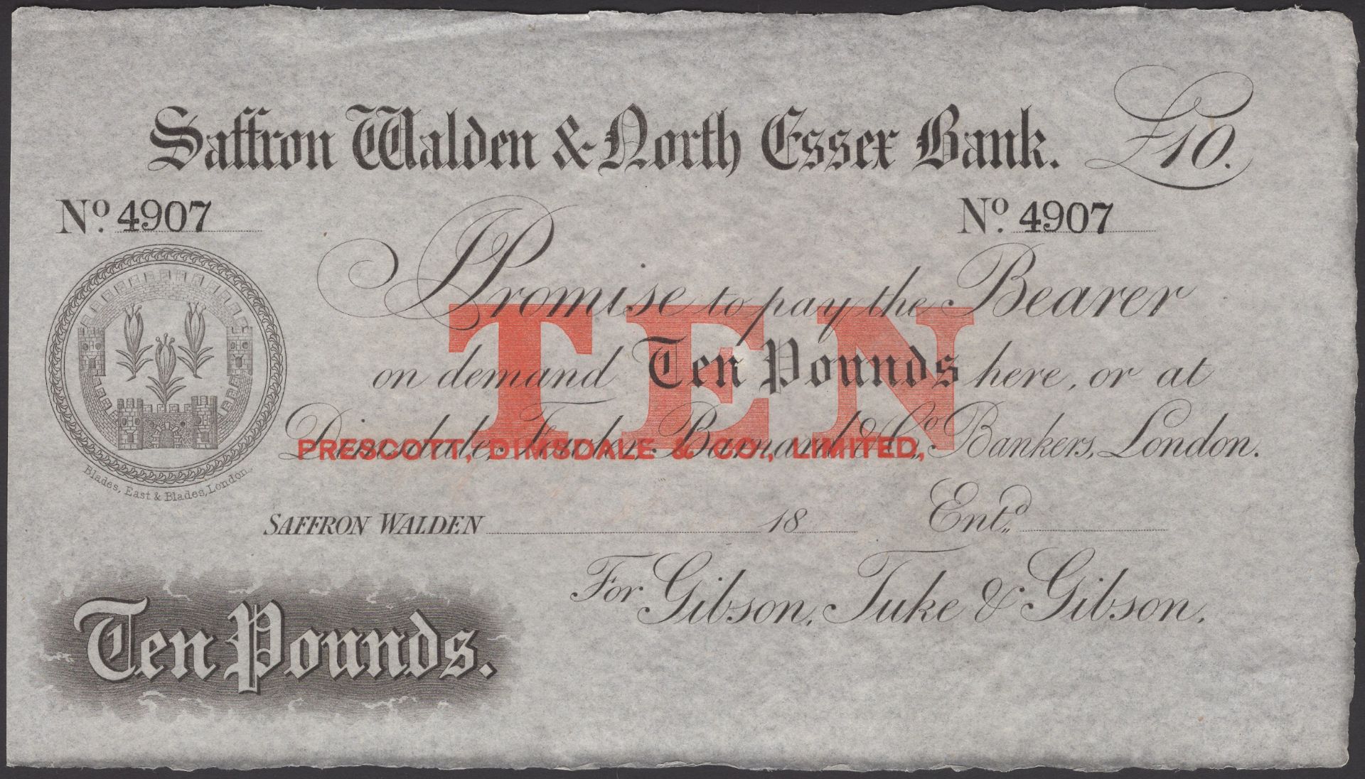 Saffron Walden & North Essex Bank, for Gibson, Tuke & Gibson, unissued Â£10, 18-, serial numb...