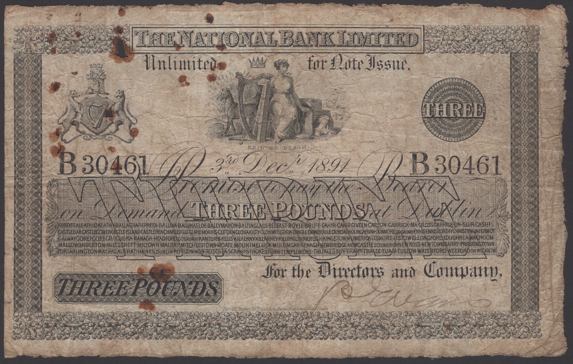 The National Bank Limited, Â£3, 3 December 1891, serial number B30461, Evans signature, multi...