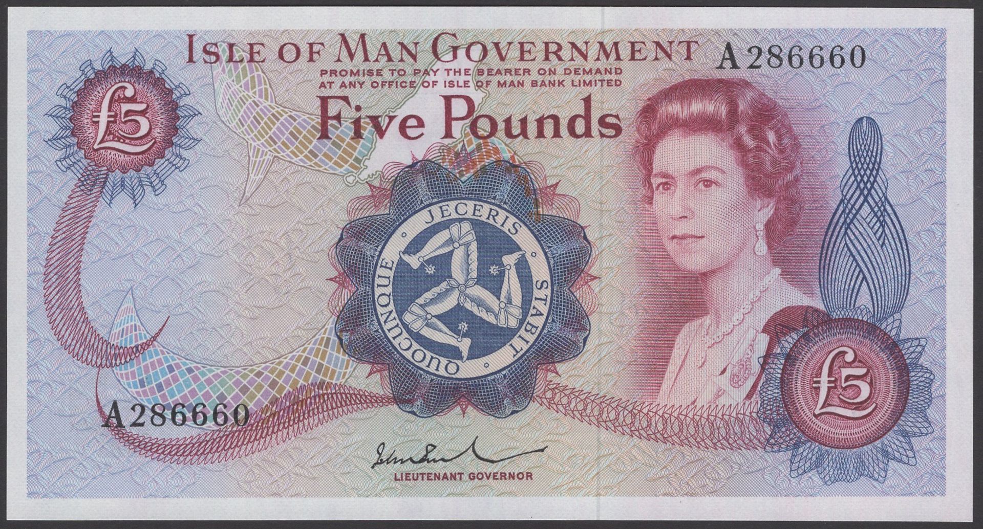 Isle of Man Government, John W. Paul, Â£5, ND (1975), serial number A286660, uncirculated, a...