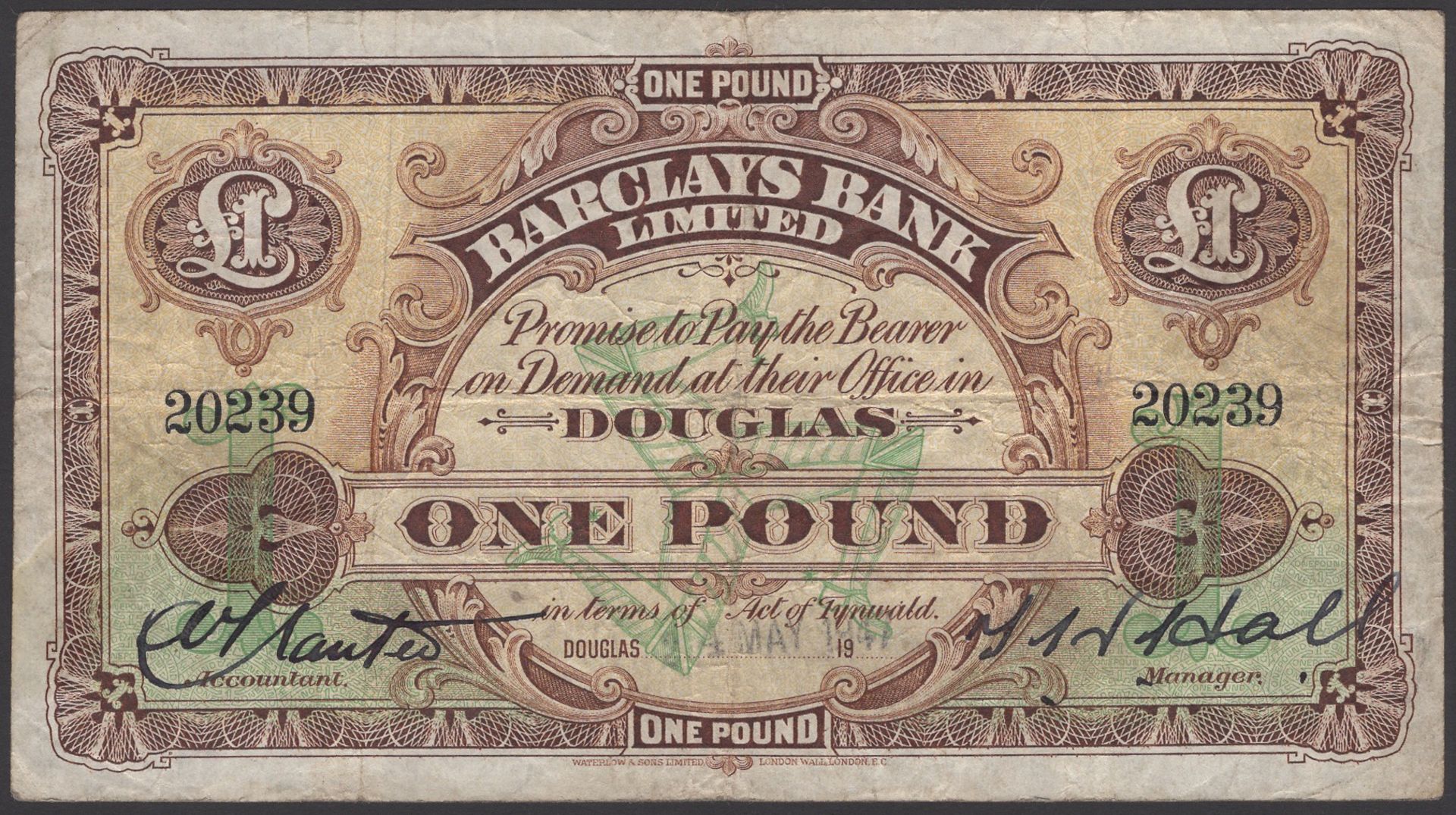 Barclays Bank Limited, Â£1, 24 May 1947, serial number 20239, Hall and Tranter signatures, or...