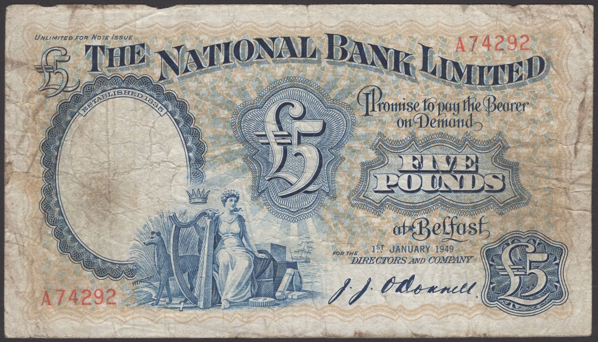 The National Bank Limited, Â£5, 1 January 1949, serial number A74292, O'Donnell signature, st...
