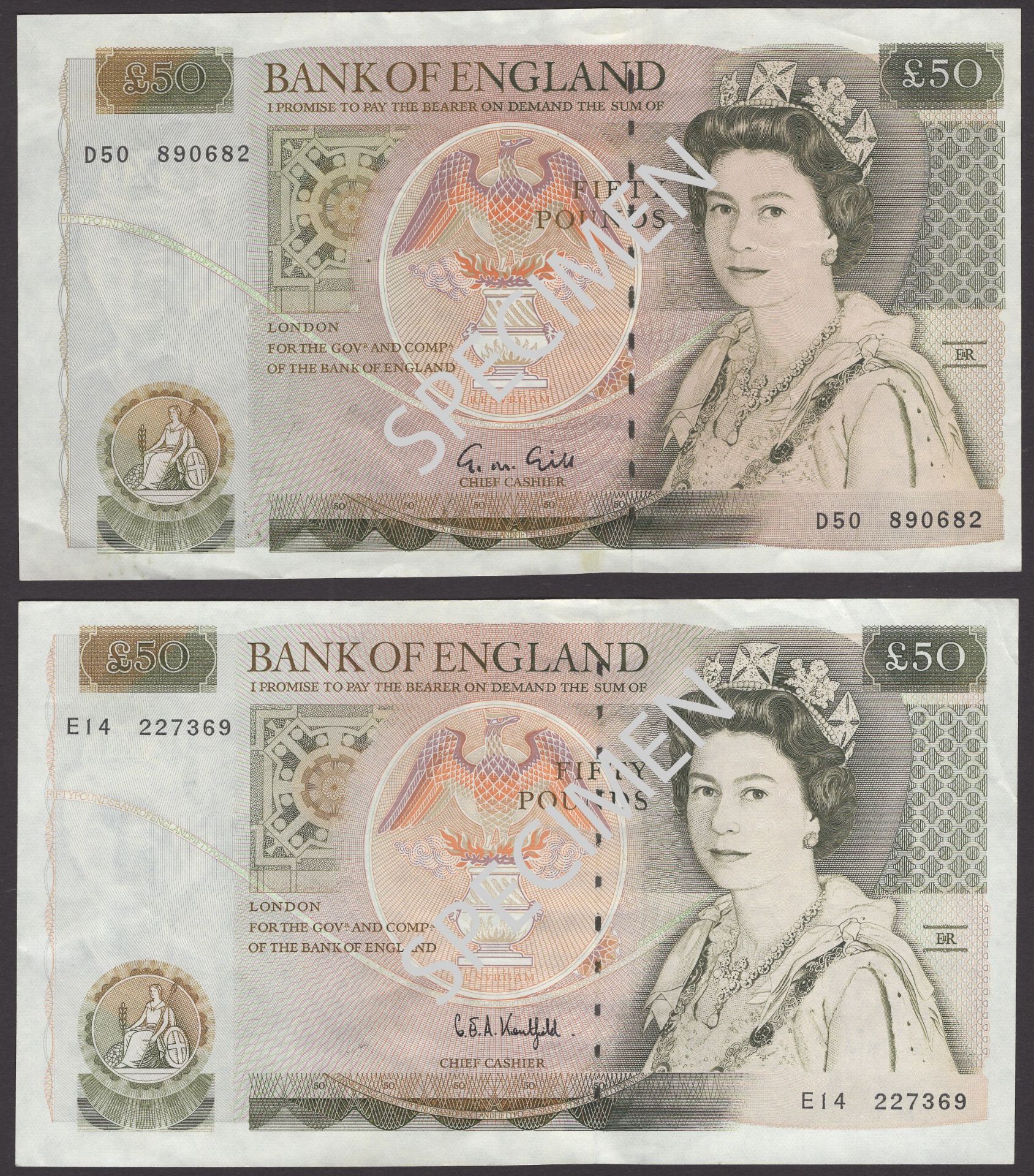 Bank of England, George M. Gill, Â£50, 1988, serial number D50 890682, G.Kentfield, Â£50, 1991...