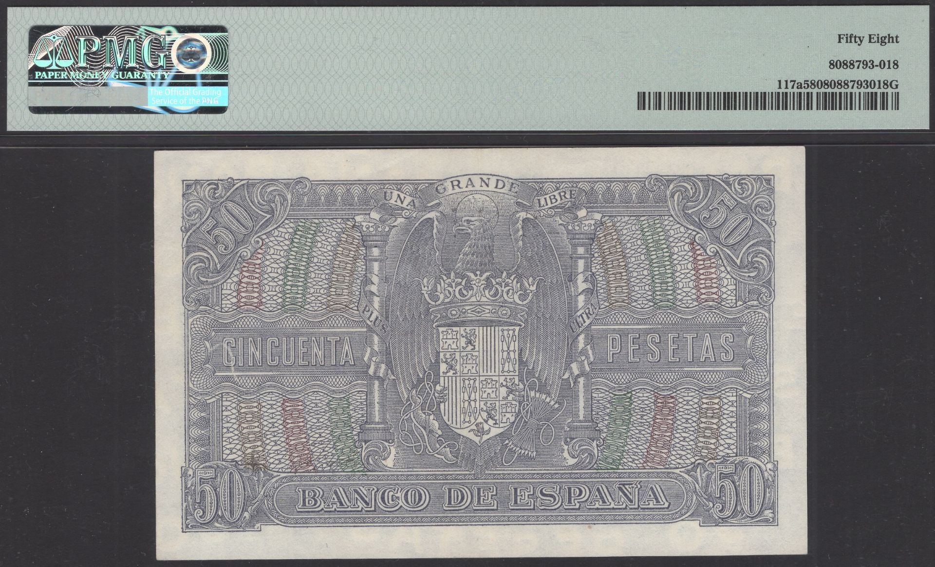 Banco de Espana, 50 Pesetas, 9 January 1940, serial number E 2980701, in PMG holder 58, choi... - Image 2 of 2