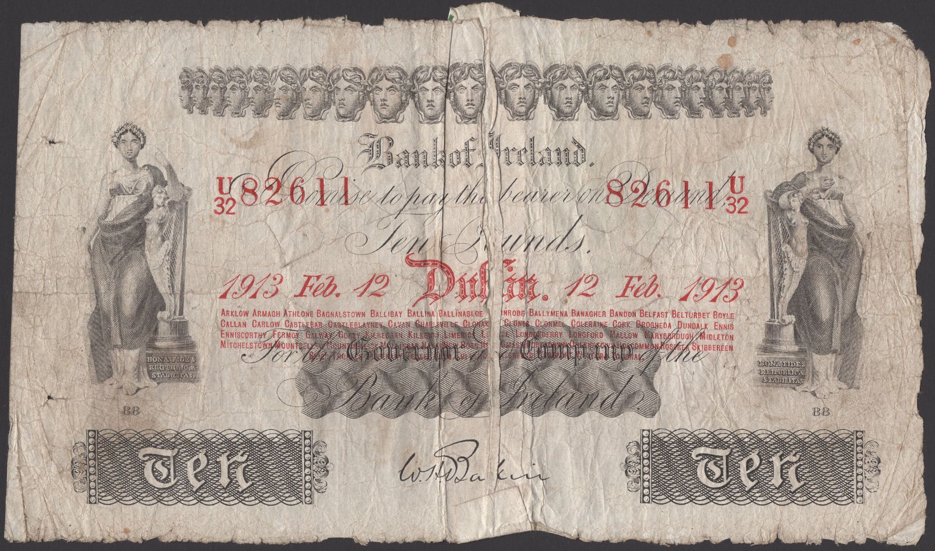 Bank of Ireland, Â£10, 12 February 1913, serial number U/32 82611, Baskin signature, split an...