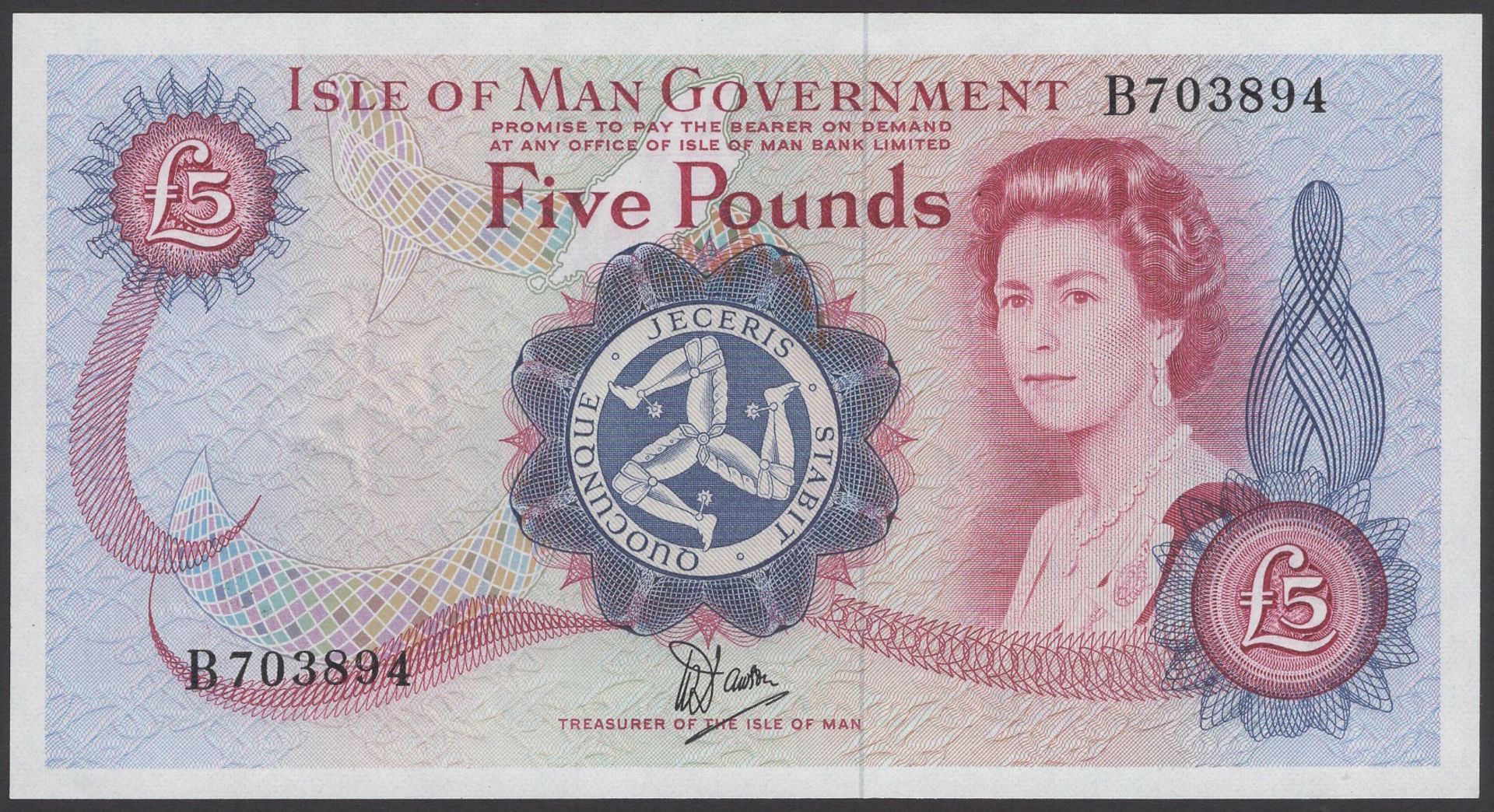 Isle of Man Government, W.Dawson, Â£5, ND (1980), serial number B703894, uncirculated, a cons...