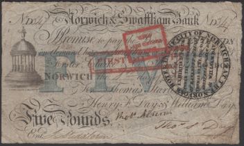 Norwich & Swaffham Bank, for Henry F. Day & William Day, Â£5, 1 January 1824, serial number D...