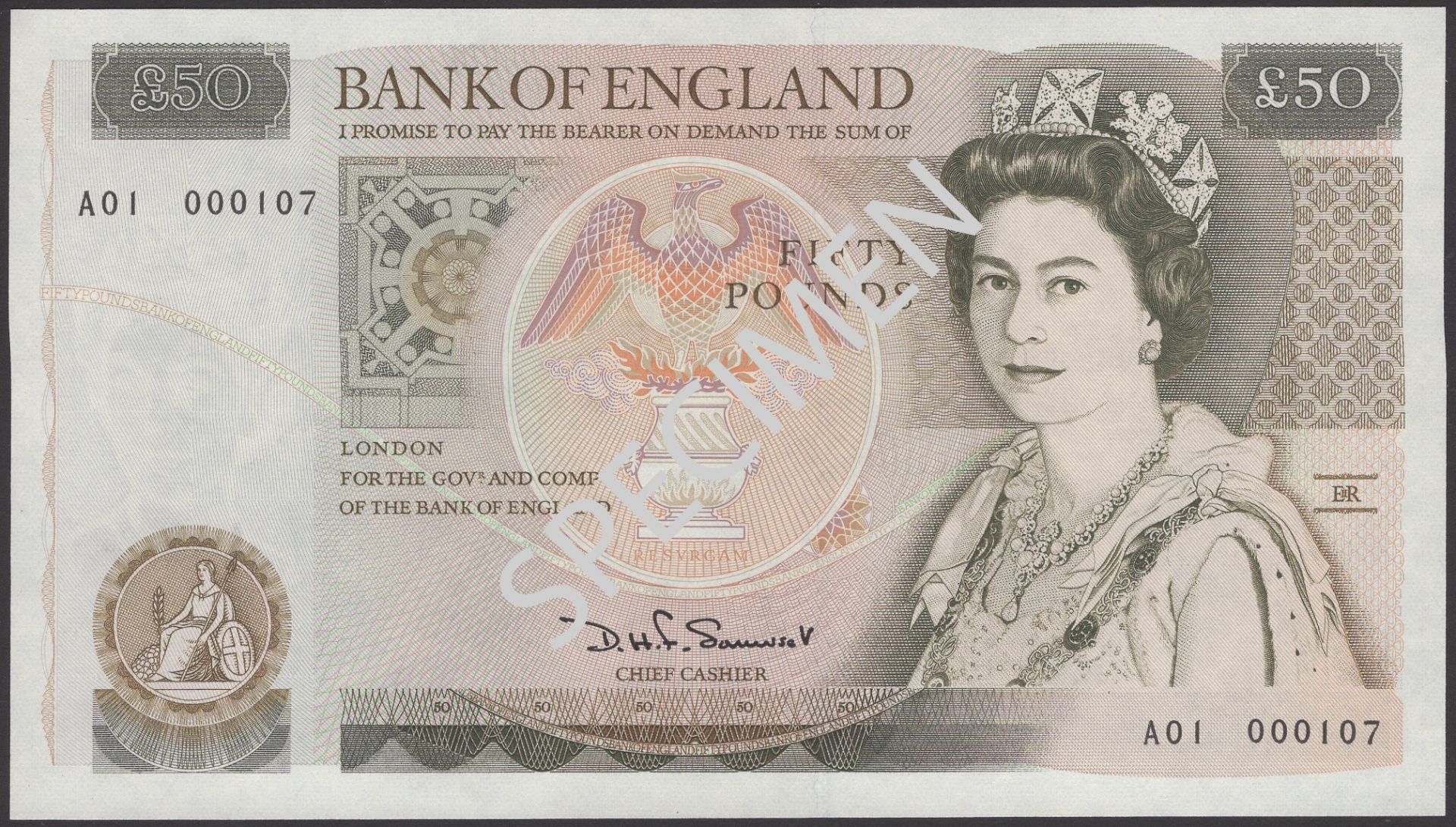 Bank of England, David H. F. Somerset, Â£50, 20 March 1981, serial number A01 000107, uncircu...