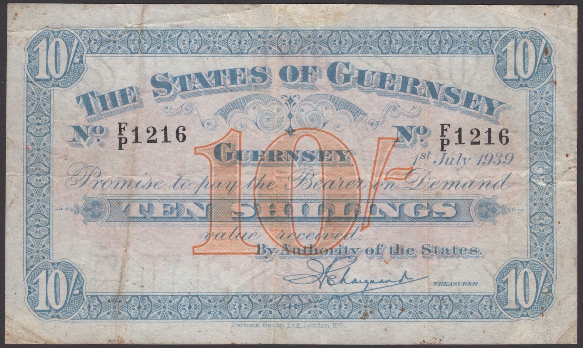 States of Guernsey, 10 Shillings, 1 July 1939 serial number F/P 1216, Marquand signature, a...