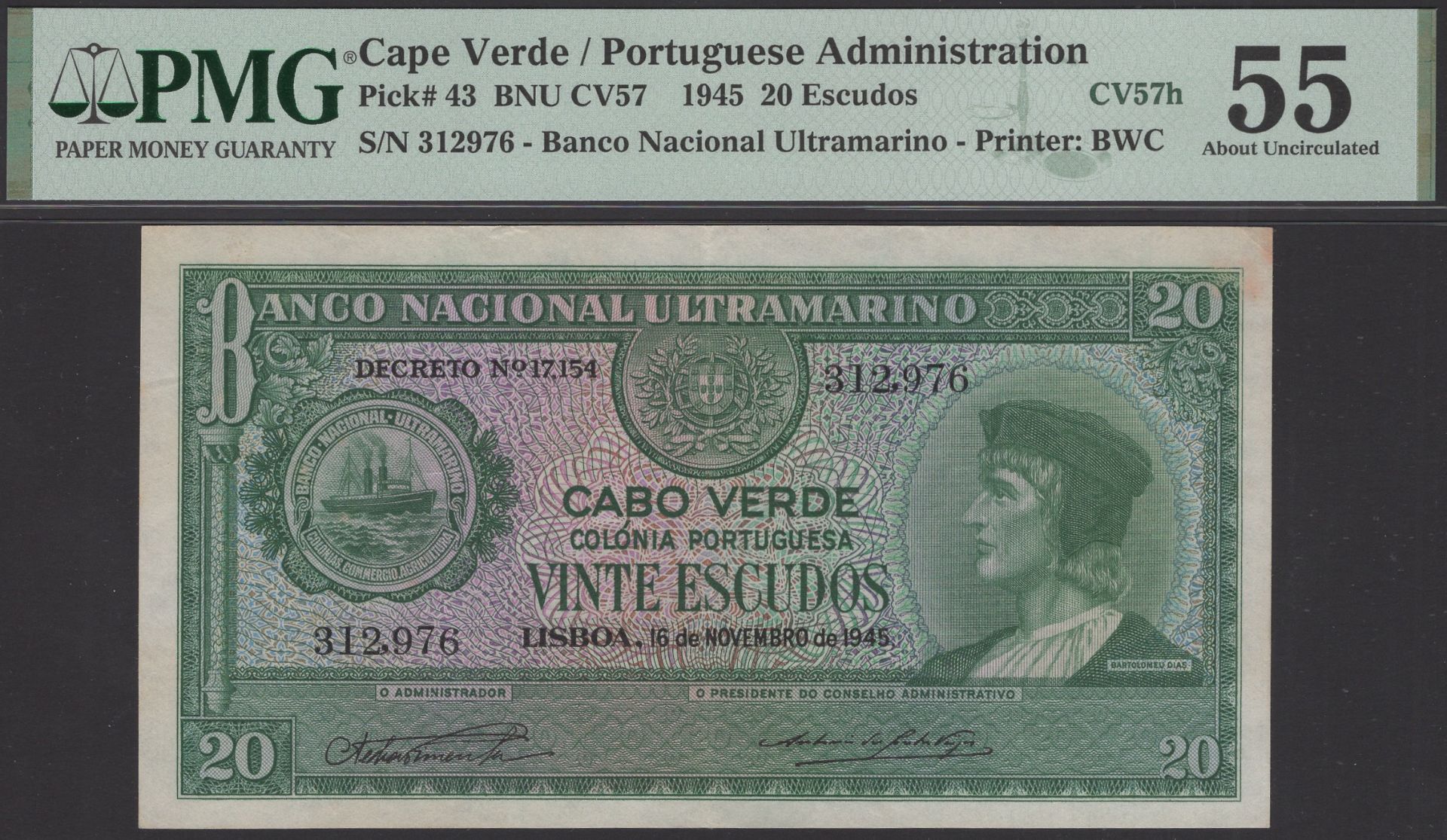 Banco Nacional Ultramarino, Cape Verde, 20 Escudos, 16 November 1945, serial number 312,976,...