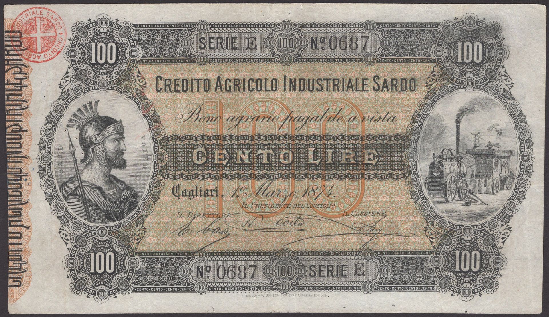 Credito Agricolo Industriale Sardo, Italy, 100 Lire, 1 March 1874, serial number E 0687, emb...