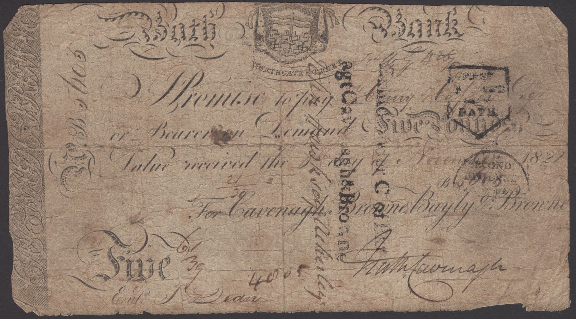 Bath Bank, for Cavenagh, Browne, Bayly and Browne, Â£5, 6 November 1822, serial number B5605,...