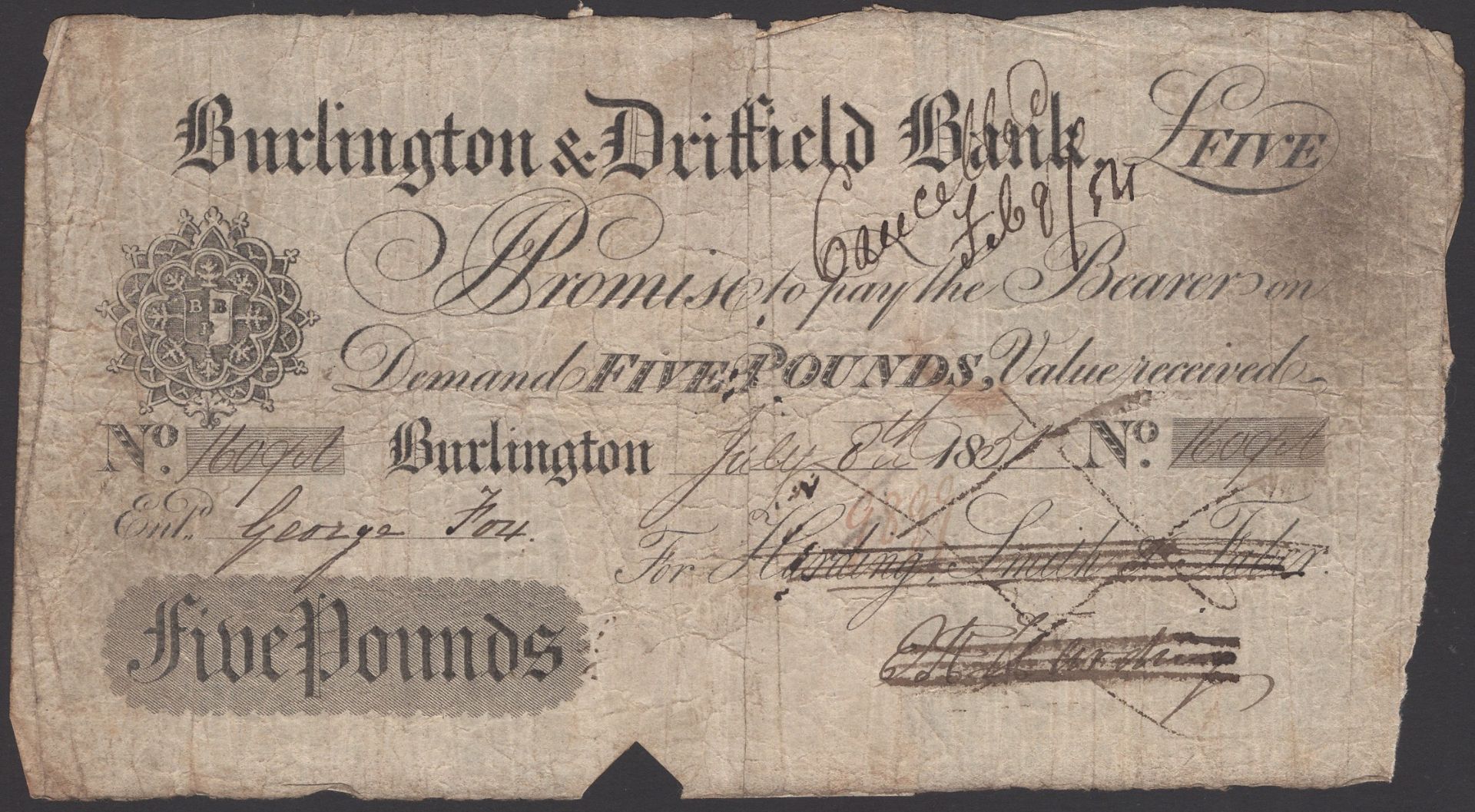 Burlington & Driffield Bank, for Harding, Smith & Faber, Â£5, 8 July 1851, serial number 1609...