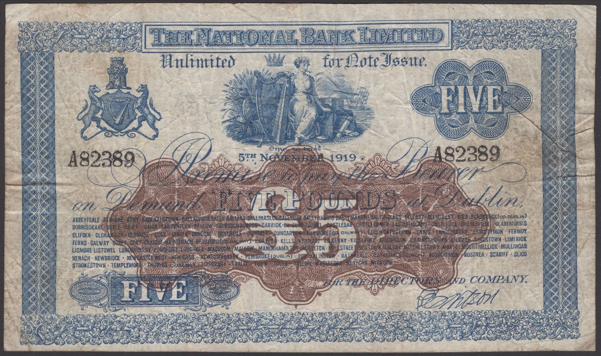 The National Bank Limited, Â£5, 5 November 1919, serial number A82389, Wilson signature, a fe...