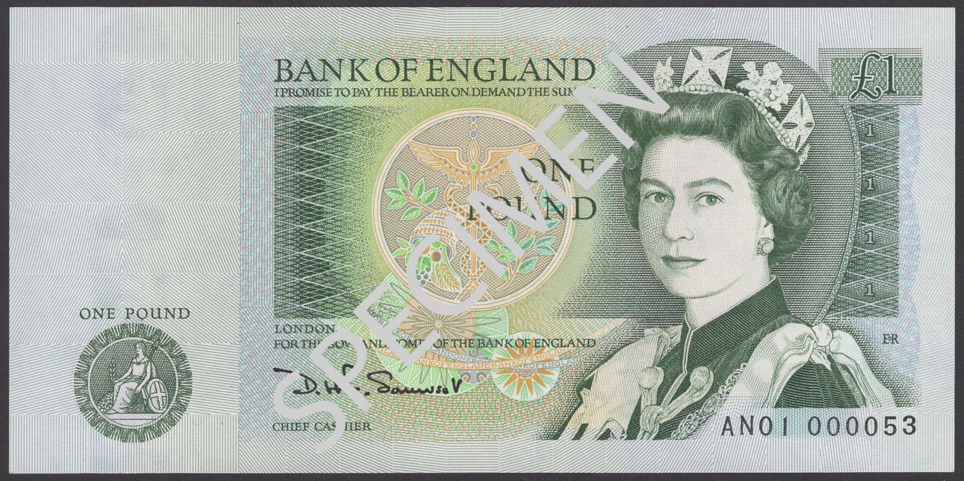 Bank of England, David H. F. Somerset, Â£1, 1981, serial number AN01 000053, uncirculated and...