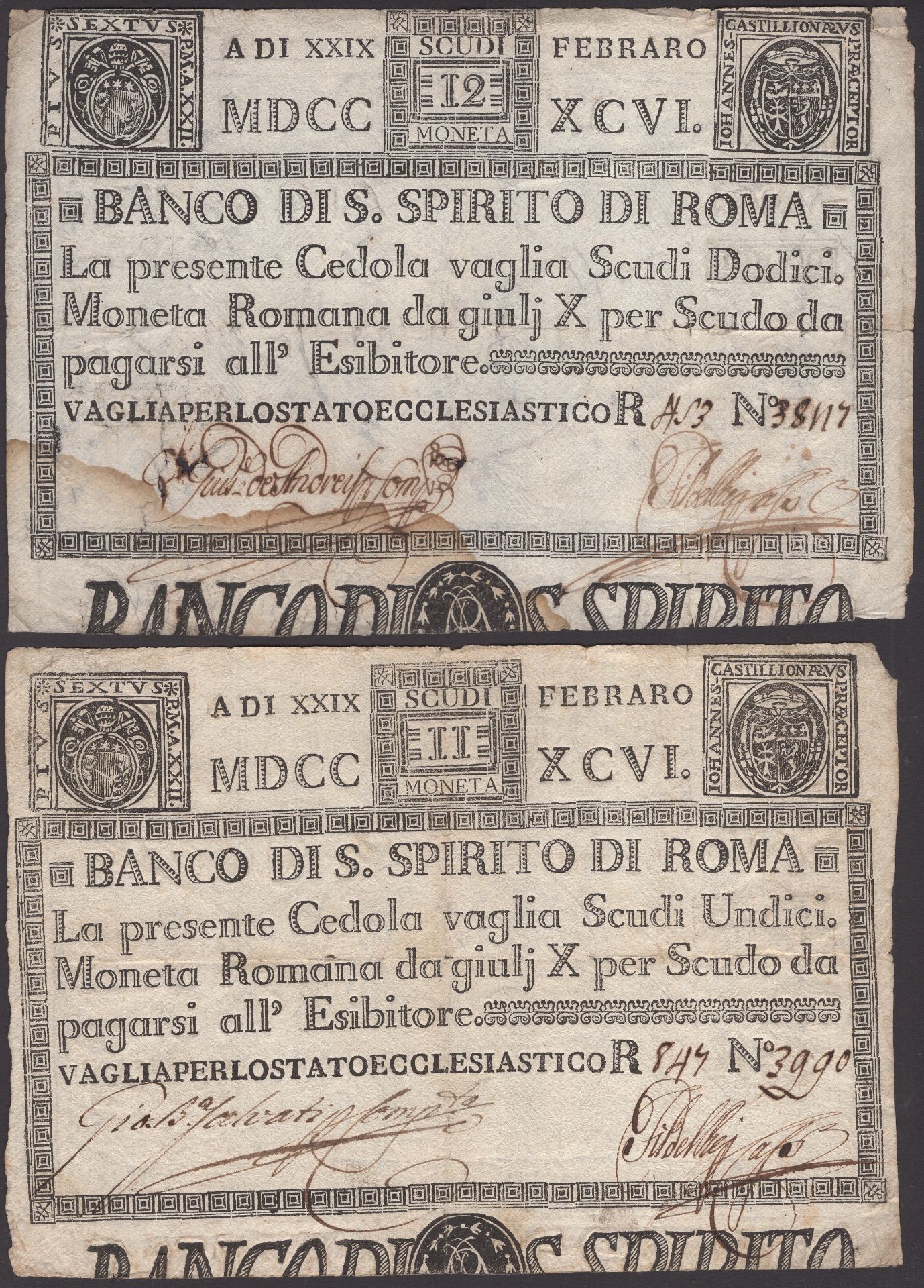 Banco di Spirito di Roma, Italy, 11 Scudi and 12 Scudi, 29 February 1796, serial numbers 399...