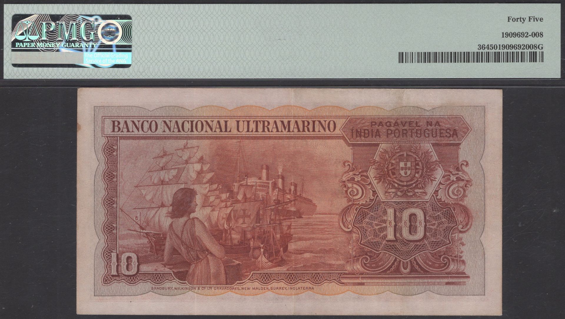 Banco Nacional Ultramarino, Portuguese India, 10 Rupias, 29 November 1945, serial number 120... - Image 2 of 2