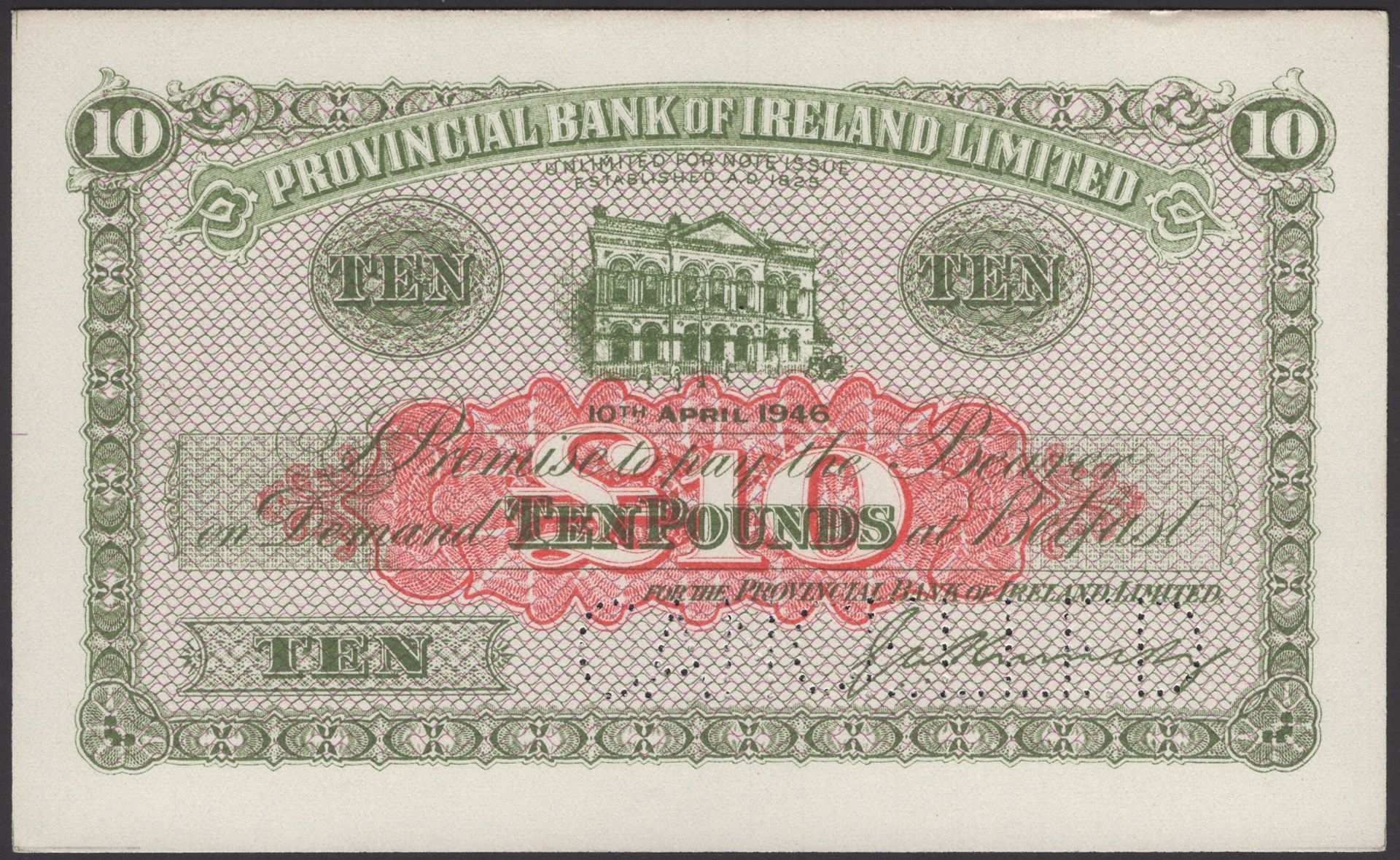 Provincial Bank of Ireland Ltd, uniface proof Â£10, 10 April 1946, no serial number, Kennedy...