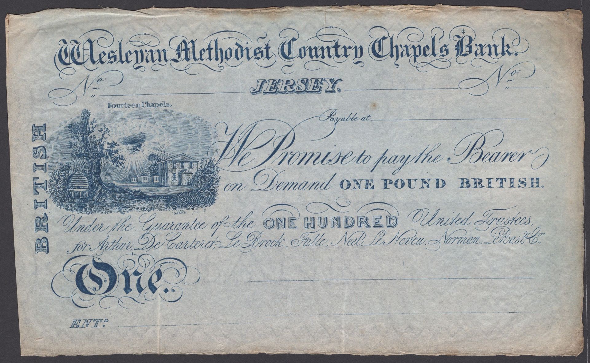 Wesleyan Methodist Country Chapels Bank, proof/pull Â£1 in blue, ND (1835-50), no signatures...