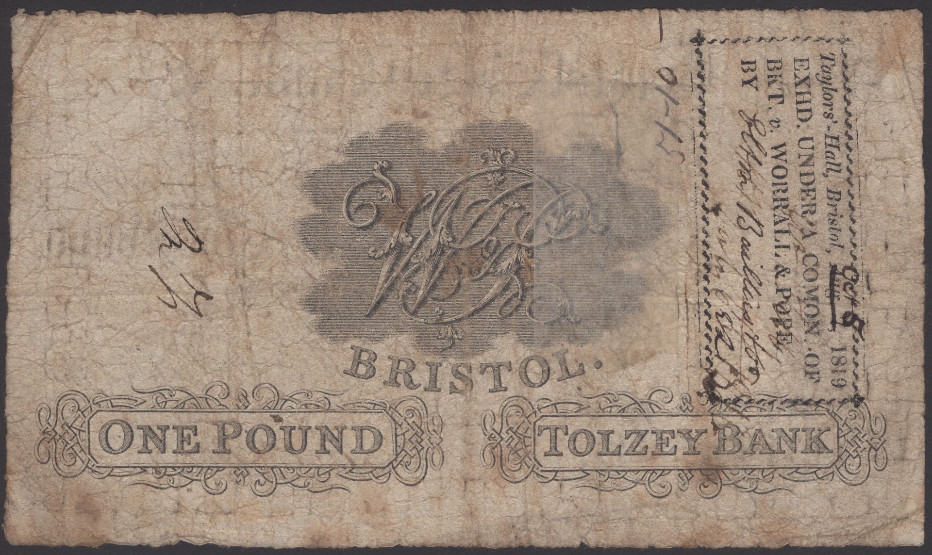 Bristol Tolzey Bank, for Samuel Worrall & Andrew Pope, Â£1, 1 January 1818, serial number A65... - Image 2 of 2