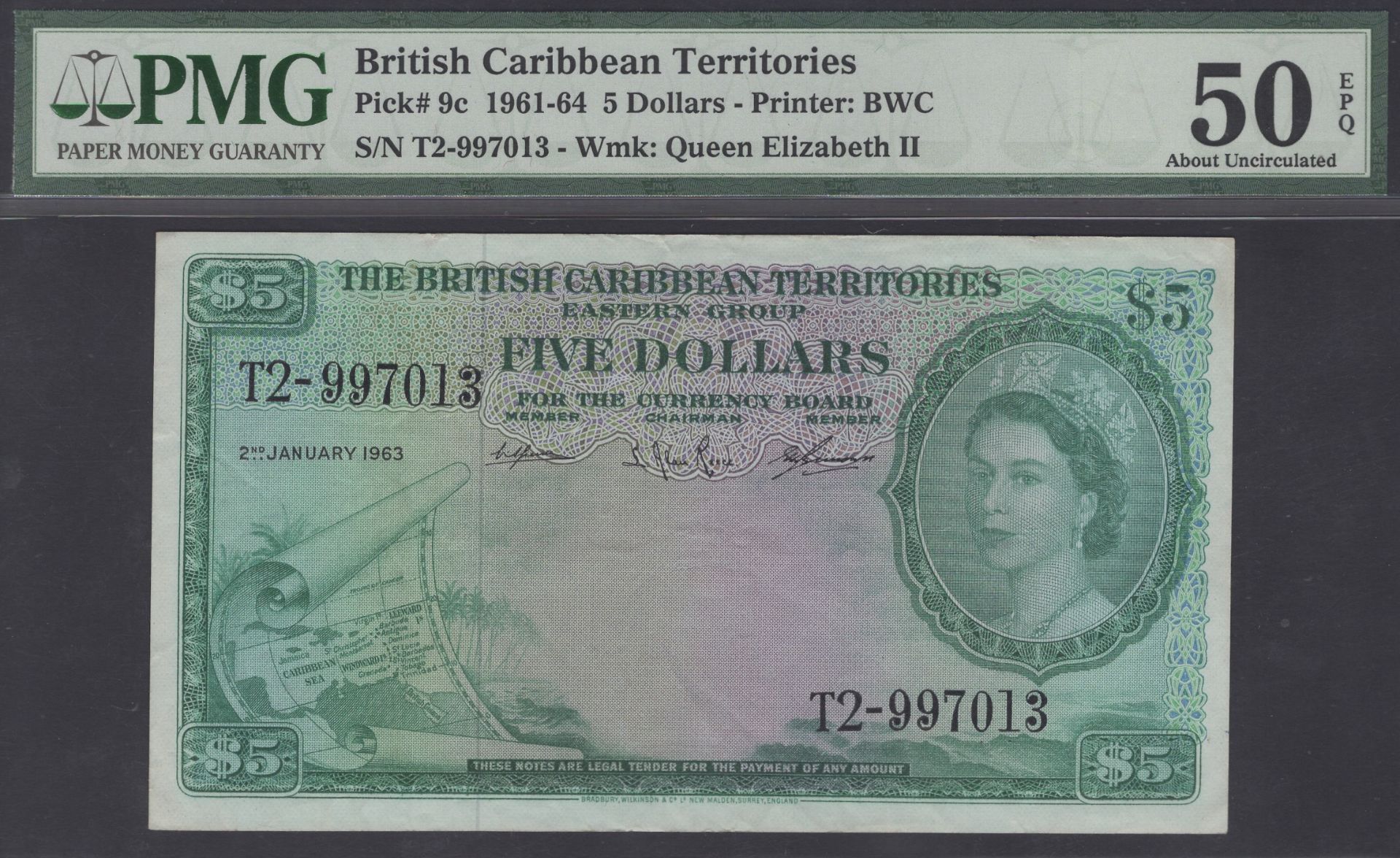 British Caribbean Territories, $5, 2 January 1963, serial number T2-997013, Spence, Reece an...
