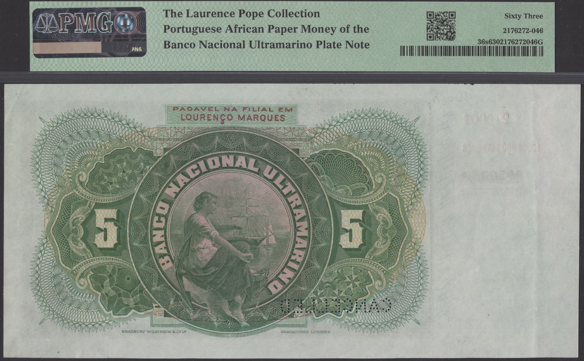 Banco Nacional Ultramarino, Mozambique, printers archival specimen 5 Mil Reis, 1 March 1909,... - Image 2 of 2
