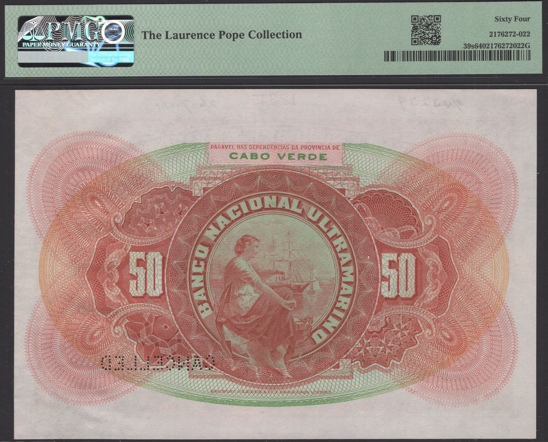 Banco Nacional Ultramarino, Cape Verde, printers archival specimen 50 Escudos, 1 August 1941... - Image 2 of 2