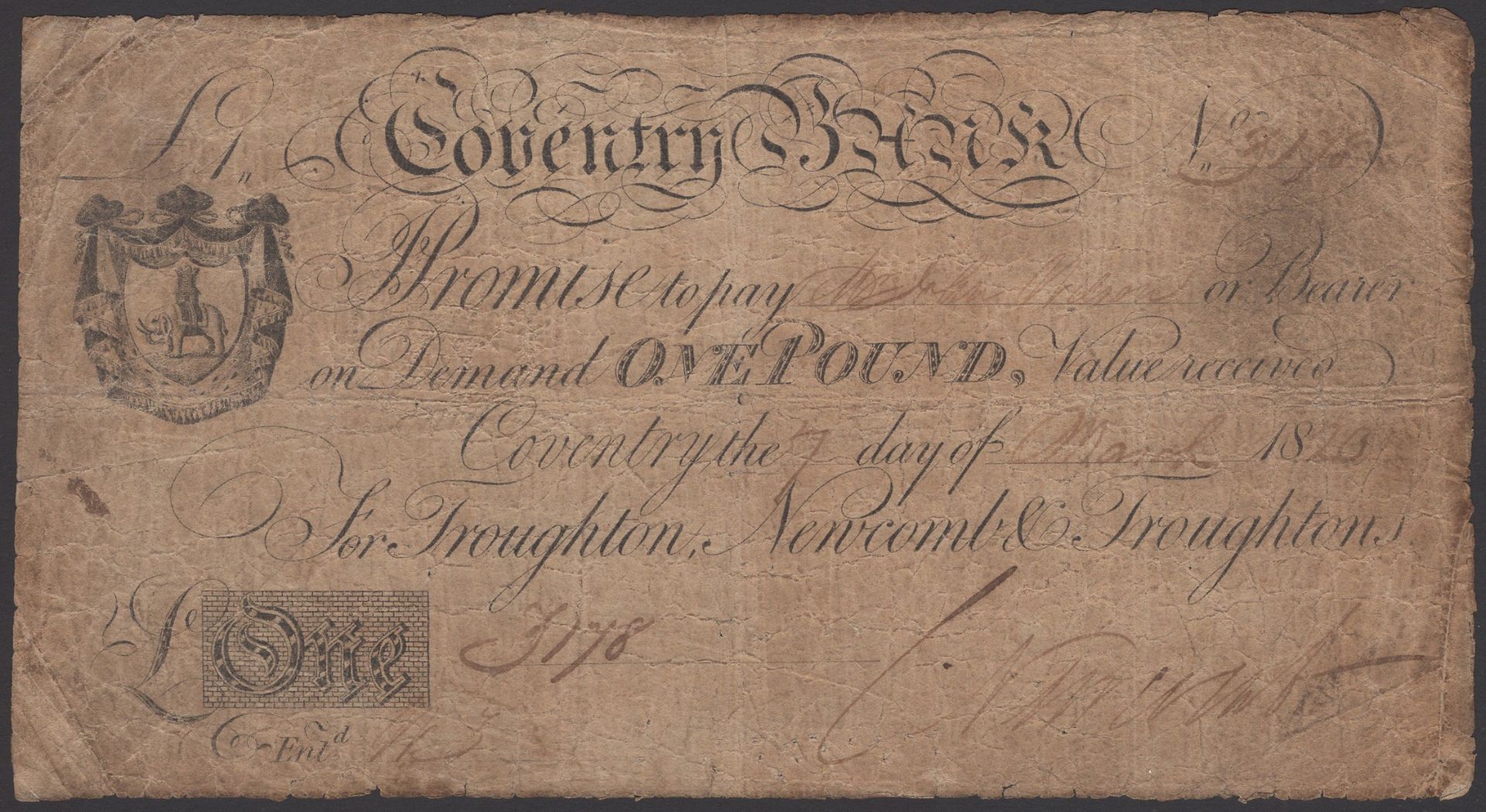 Coventry Bank, for Troughton, Newcomb & Troughtons, Â£1, 7 March 1820, serial number 178, New...