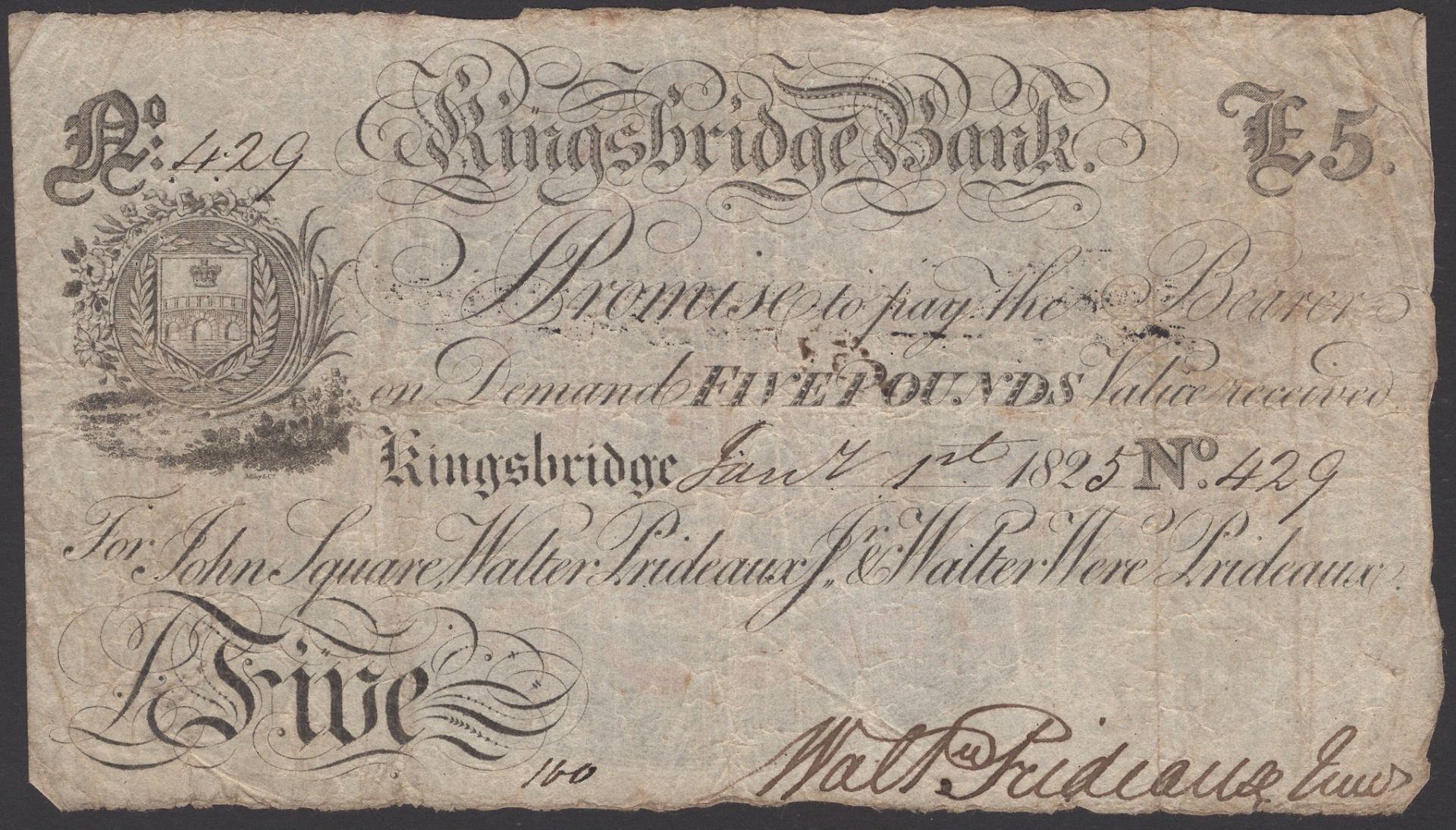 Kingsbridge Bank, for John Square, Walter Prideaux jnr & Walter Were Prideaux, Â£5, 1 January...