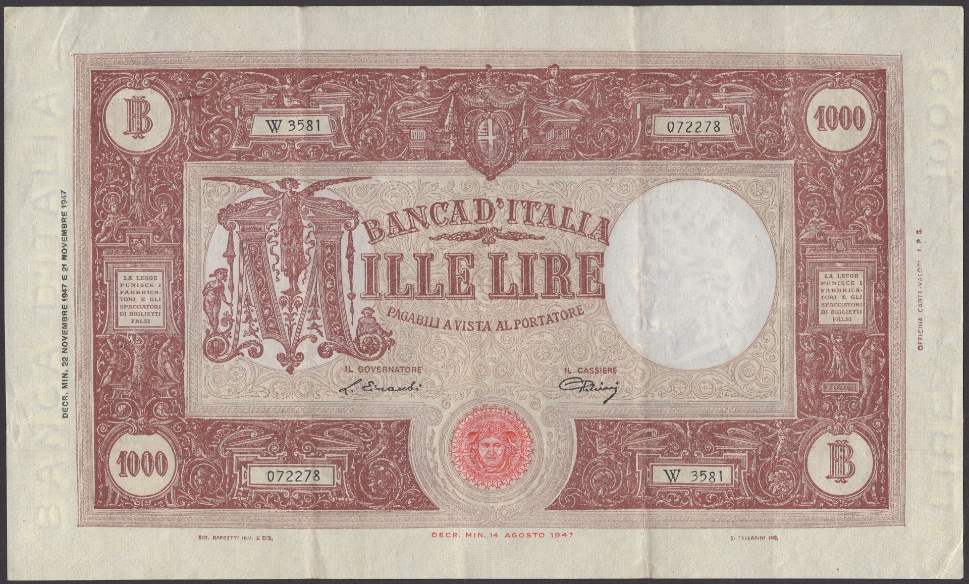 Banca d'Italia, 1000 Lire, 22 November 1947, serial number W 3581 072278, Einaudi-Urbini sig...