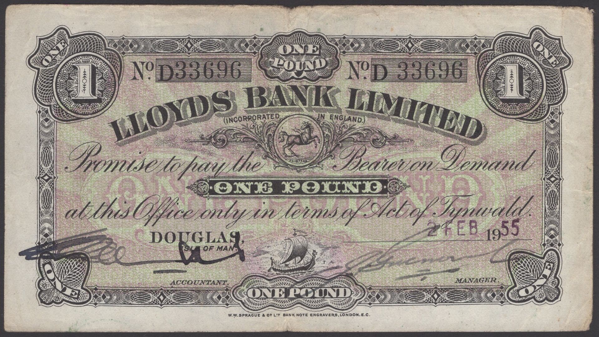 Lloyds Bank Limited, Â£1, 2 February 1955, serial number D33696, Greenwood and Collister sign...