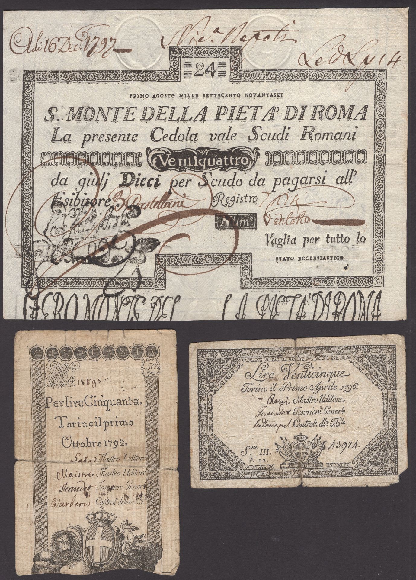 Banco di Spirito di Roma, Italy, 24 Scudi, 1796, Monte Di Pieta, 50 Bajocchi (3), Biglietto...