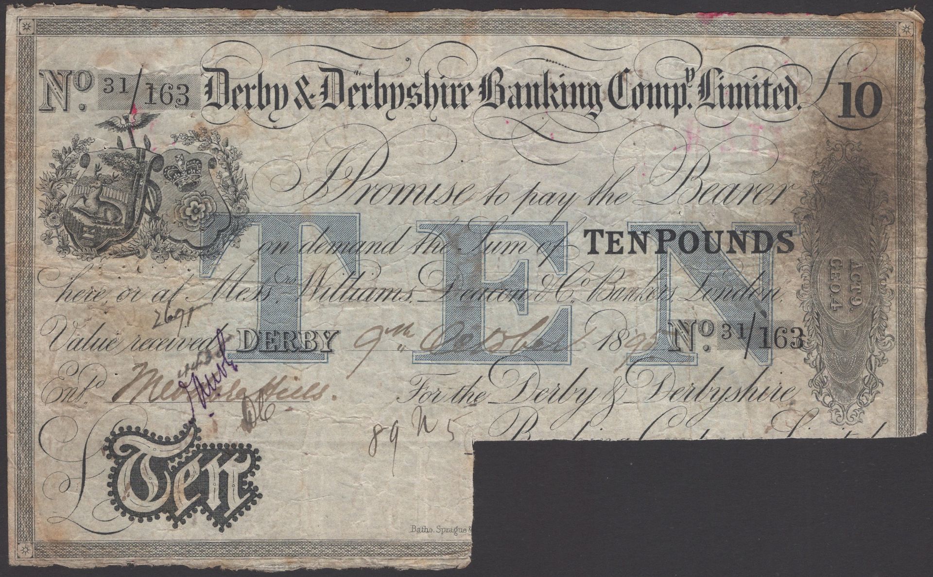 Derby & Derbyshire Banking Company, cancelled Â£10, 9 October 1895, serial number 31/163, sig...