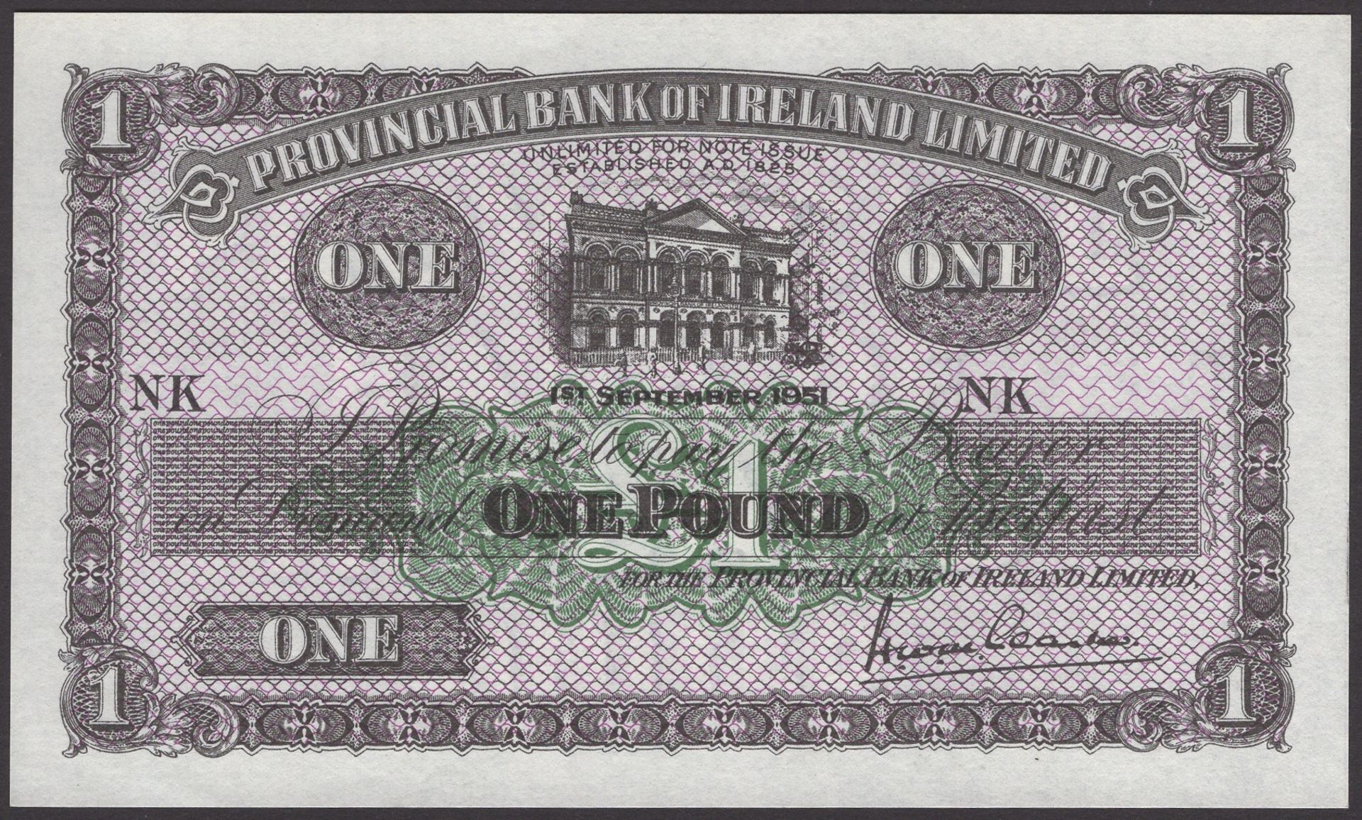 Provincial Bank of Ireland Ltd, proof Â£1, 1 September 1951, prefix NK, no serial number, Cla...