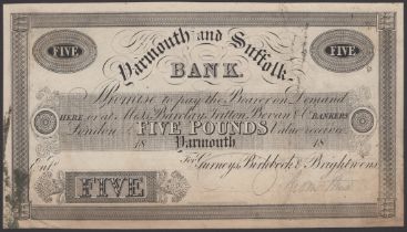 Yarmouth & Suffolk Bank, for Gurneys, Birkbeck & Brightwens, proof on paper for Â£5, 18-, no...