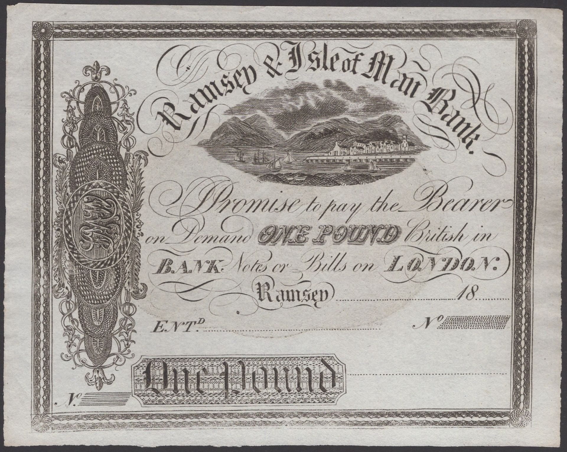 Ramsey & Isle of Man Bank, unissued Â£1, 18-, no signatures or serial numbers, lovely clean p...