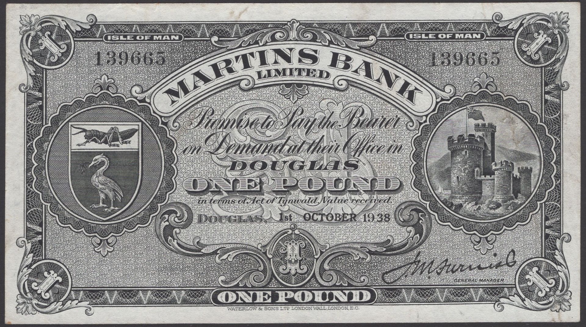 Martins Bank Limited, Â£1, 1 October 1938, serial number 139665, Furniss signature, a very at...